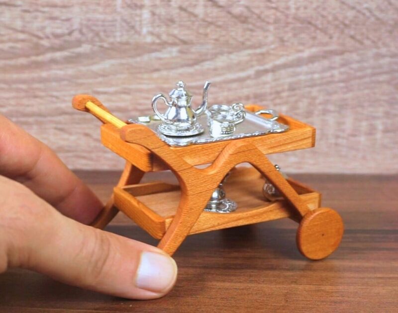 DIY Miniature Wooden Tea Trolley with Silver Tea Set