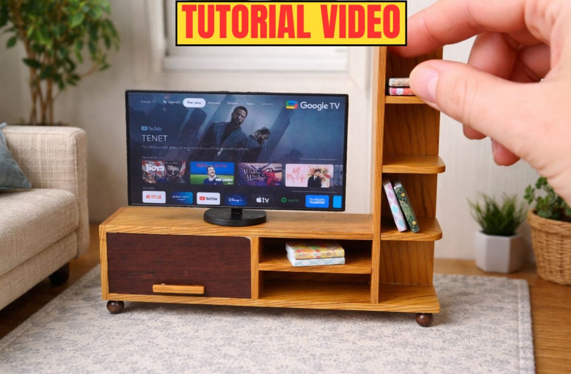 A Modern Cedar Wood Miniature TV Unit for 1:12 Dollhouses