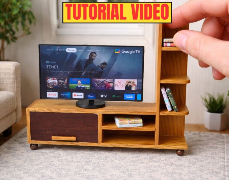 A Modern Cedar Wood Miniature TV Unit for 1:12 Dollhouses