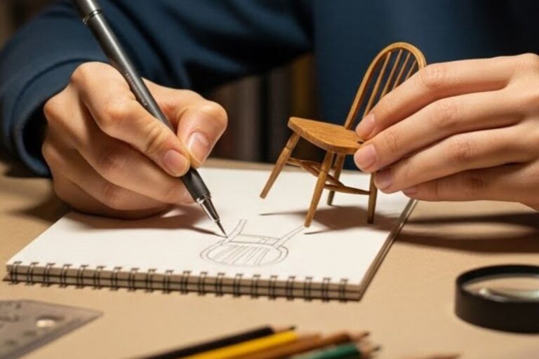 A woman making miniature furniture