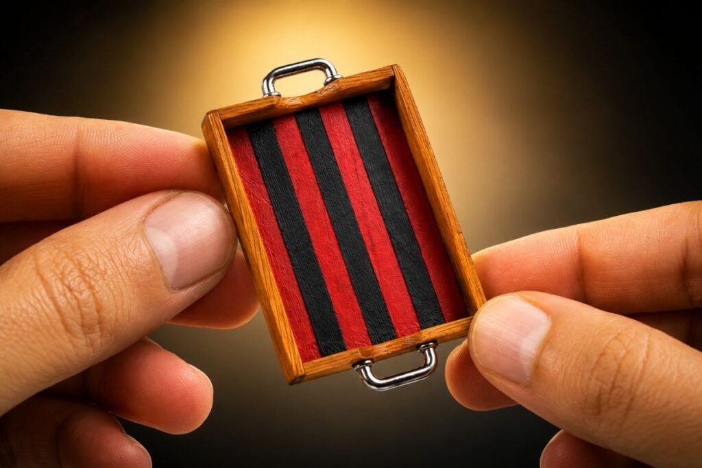 A Handmade Miniature Wood Tray with a Bold Red and Black Design