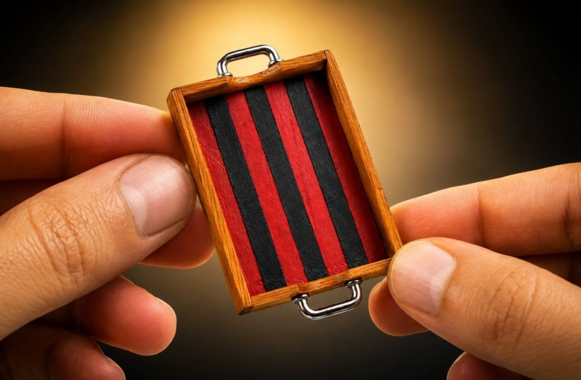 A Handmade Miniature Wood Tray with a Bold Red and Black Design