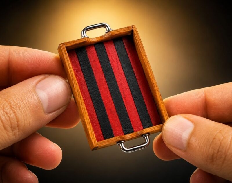 A Handmade Miniature Wood Tray with a Bold Red and Black Design